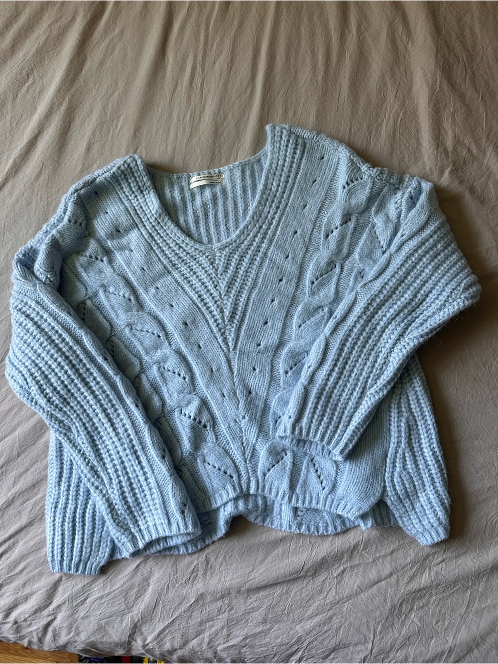 Anthropologie Light Blue Cable-Knit V-Neck Sweater